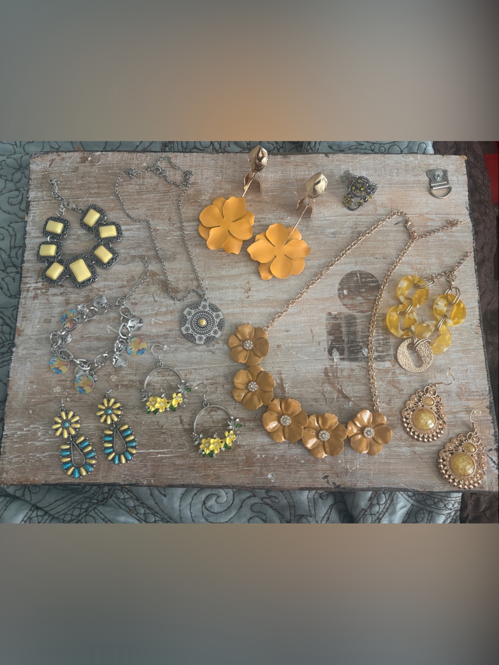 Yellow Floral Statement Necklace and Earring Set - Women Jewelry $10 Bundle.